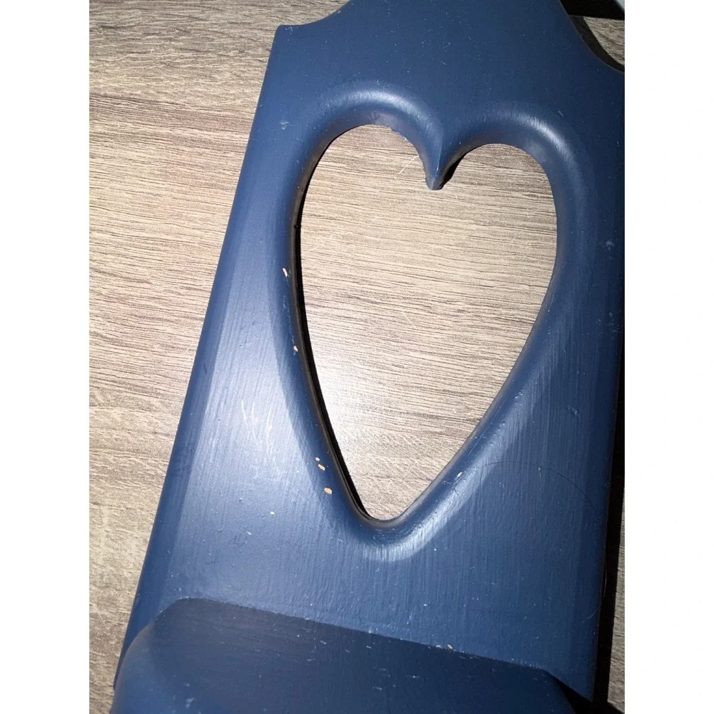 Vintage Navy Blue Wooden Heart Wall Shelf with Hook Farmhouse Decor